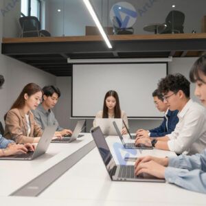 Коллеги работают за длинным столом с ноутбуками