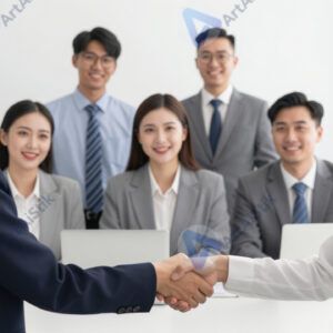 Руководитель жмёт руку новому сотруднику на фоне улыбающейся команды.