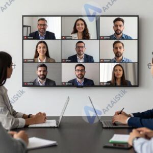 Команда на совещании по видеосвязи с партнёрами из другой страны.