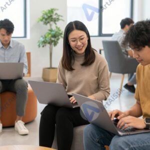 Коллеги с ноутбуками сидят на пуфах в зоне отдыха офиса.