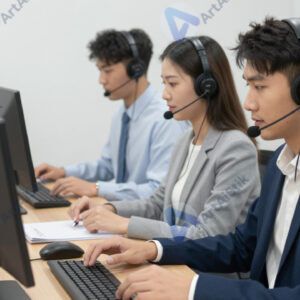 Команда поддержки клиентов в наушниках за длинным столом.