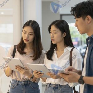 Три коллеги с планшетами стоят у витрины магазина