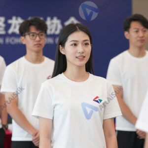 Команда в футболках с логотипом компании на корпоративном мероприятии.