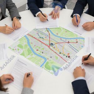 Сотрудники вокруг стола с распечатанными картами пользовательских путей.