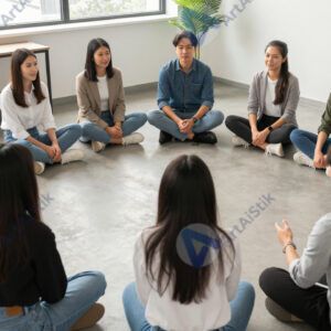 Коллеги сидят в кругу на полу