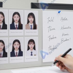 Стенд в офисе с фотографиями сотрудников и подписями имён.