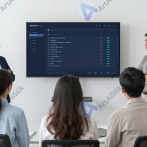 Команда разработки стоит полукругом у монитора с билд‑статусом.