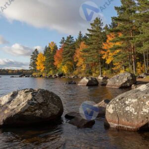 Берег озера с валунами и соснами