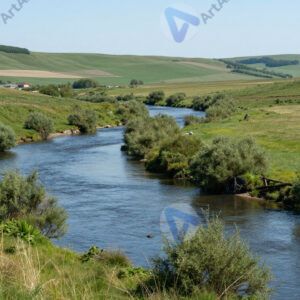 Луга с рекой, извилистая река, кусты по берегам. Луга с рекой