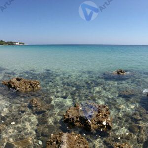 Бухта с прозрачной водой, видно дно, камни. Бухта с прозрачной водой
