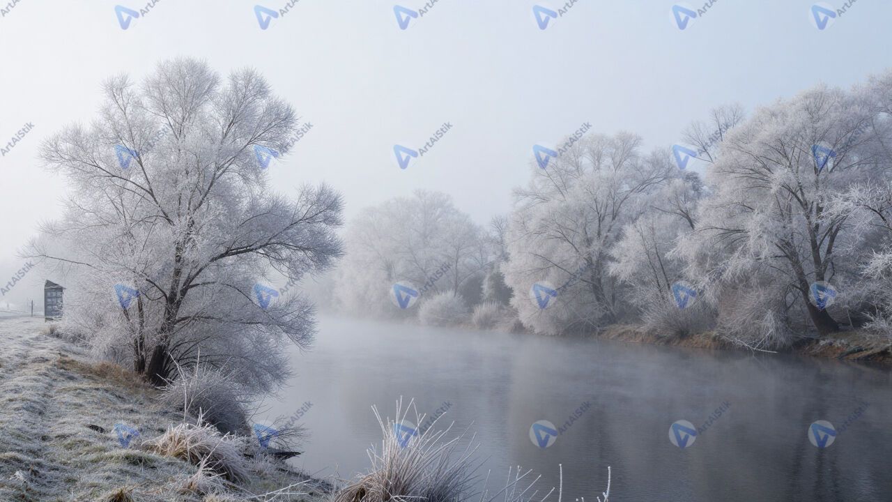 Морозный туман над рекой, деревья в инее. Морозный туман над рекой