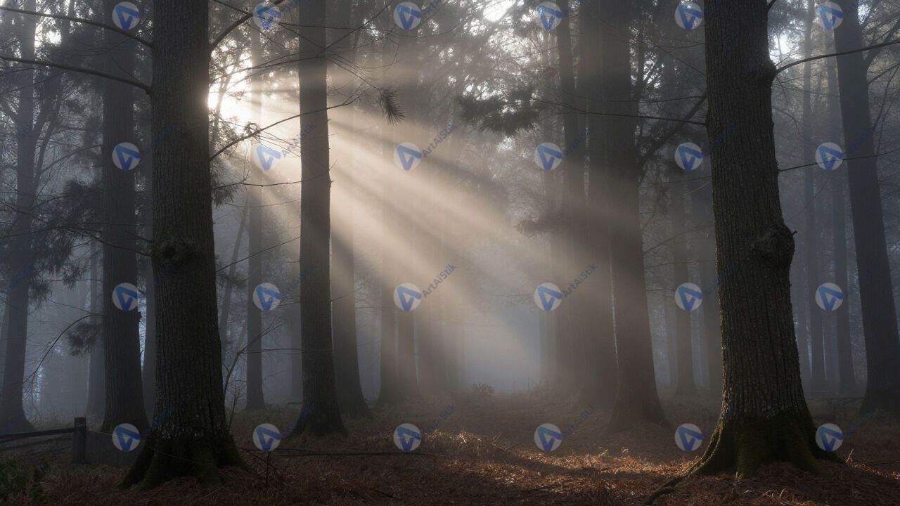 Туман в лесу, лучи света сквозь деревья. Туман в лесу