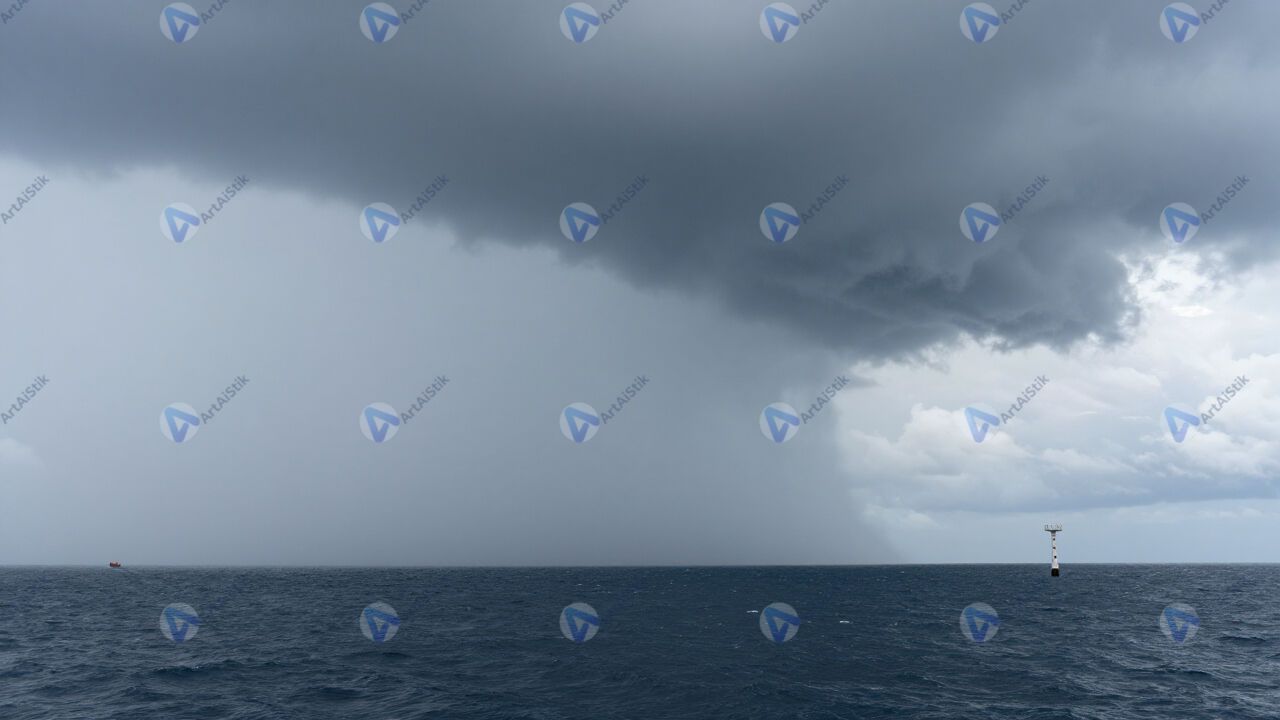 Облако-воронка над морем, водяной смерч. Облако-воронка над морем