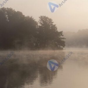 Озеро в утреннем тумане, силуэты деревьев на берегу, тишина. Озеро в утреннем тумане