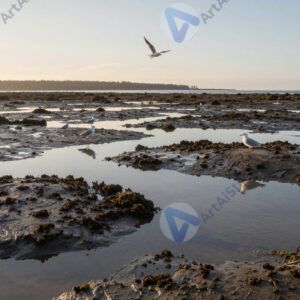 Отлив обнажил камни и лужицы