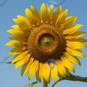 Подсолнух на фоне голубого неба, вид снизу. Подсолнух на фоне голубого неба