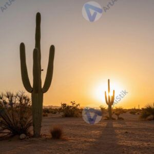 Кактус в пустыне на закате, длинные тени, оранжевое небо. Кактус в пустыне на закате