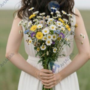 Букет полевых цветов в руках, размытый луг за спиной. Букет полевых цветов в руках