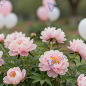 Пионы в саду, розовые шары, зелёная листва. Пионы в саду