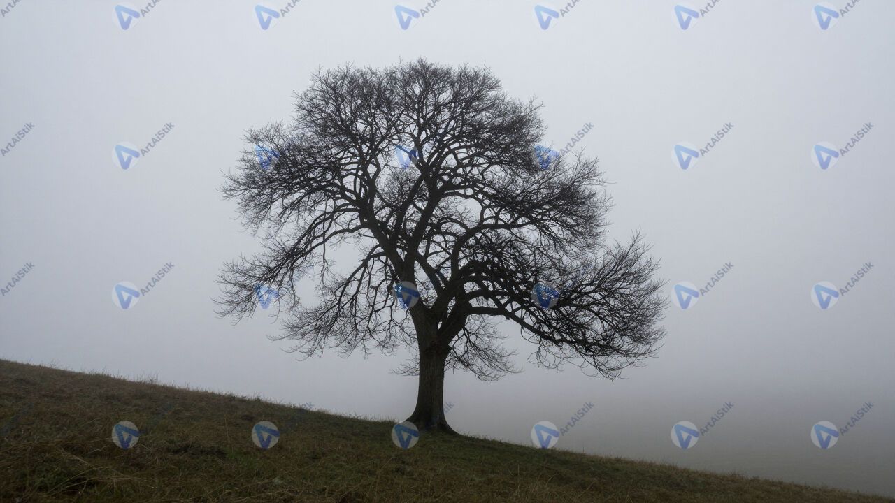 Дерево в тумане, силуэт, одинокое на холме. Дерево в тумане