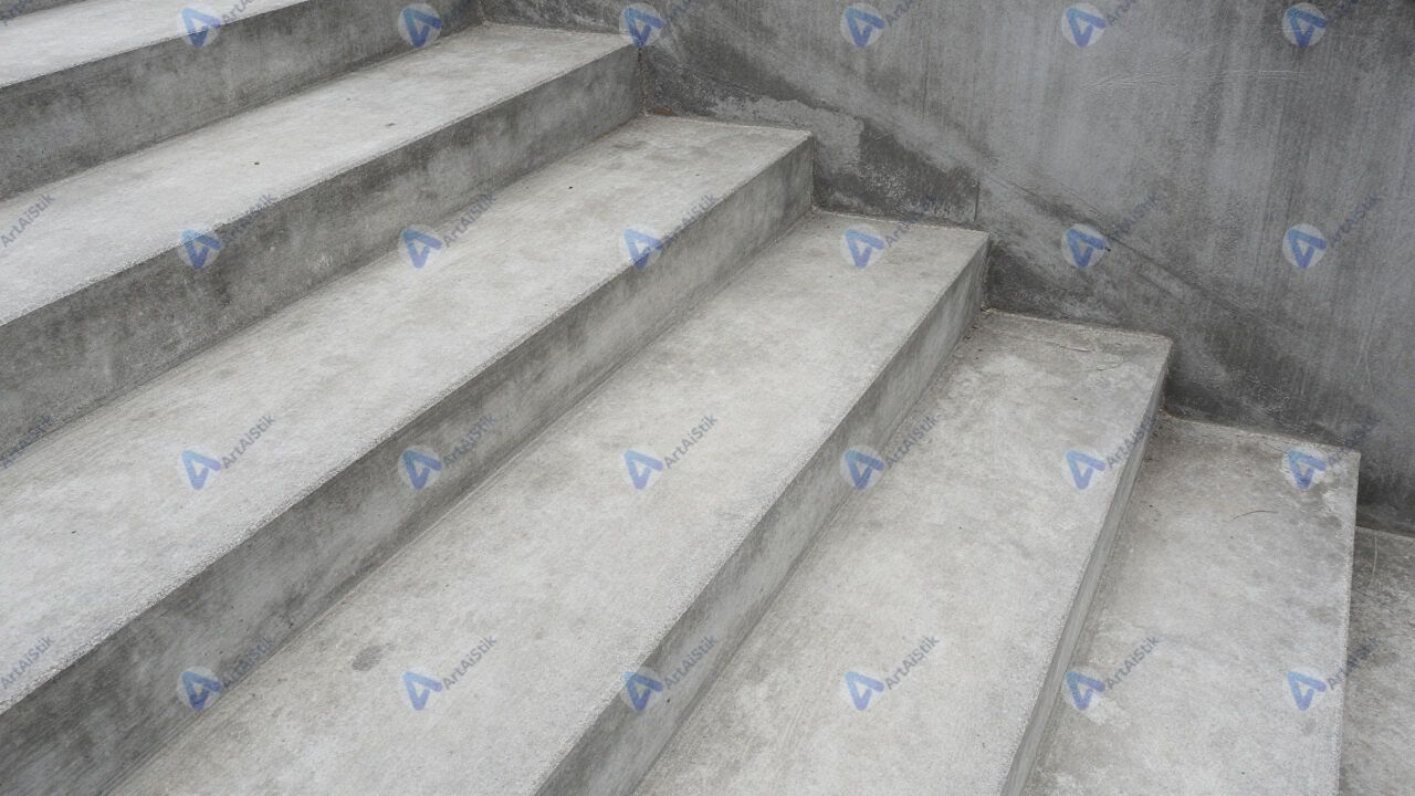 Шероховатая бетонная лестница, вид сверху на ступени. Шероховатая бетонная лестница