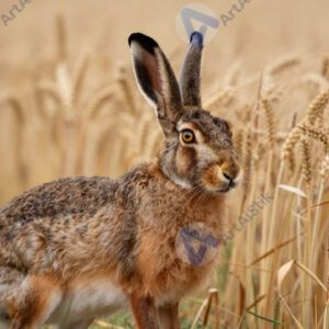 Заяц в поле с колосящейся пшеницей, уши, лето. Заяц в поле с колосящейся пшеницей