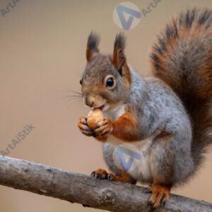 Белка с орехом в лапках на ветке