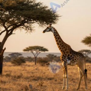 Жираф на закате на фоне акаций