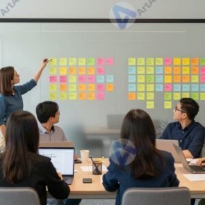 Офисная команда брейншторм обсуждает идеи у стеклянной стены в современной переговорной комнате