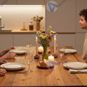 Домашняя сервировка ужина с деревянным столом