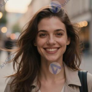 Портрет улыбающейся женщины в естественном свете на шумной городской улице вечером