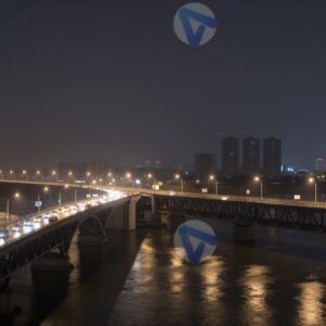 Ночной городской мост с огнями машин и отражениями в спокойной воде реки