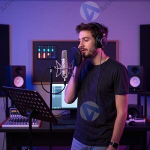 Творческая музыка студия с музыкантом у микрофона и мягким неоновым светом