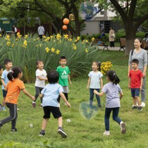 Детская группа на природе играет в зелёном парке под присмотром взрослых