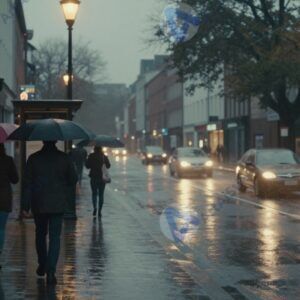 Улица под дождём вечером с отражениями огней в мокром асфальте и людьми с зонтами