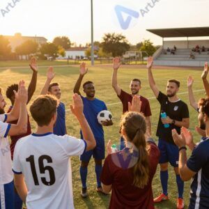Спортивная команда на поле празднует победу после матча на закате