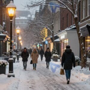 Зимний город с огнями витрин