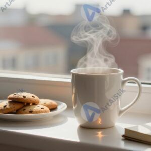 Утренний кофе на подоконнике с видом на город и мягким рассеянным светом