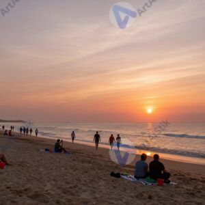 Пляжный отдых на закате с силуэтами людей