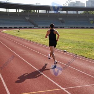 Индивидуальная тренировка на стадионе с бегуном на дорожке в утреннем свете