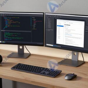 Технологичный рабочий стол программиста с двумя мониторами