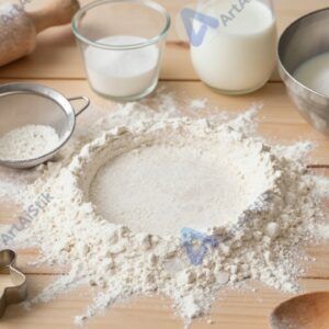 Мука рассыпана по столу рядом с ингредиентами и кухонными принадлежностями для выпечки