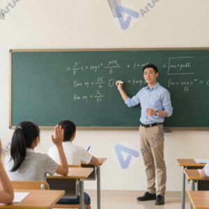 Учитель объясняет у доски новый материал классу с внимательными учениками