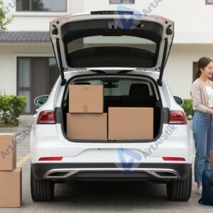 Машина с открытым багажником во дворе дома