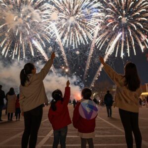 Фейерверк семья смотрит на ночное небо