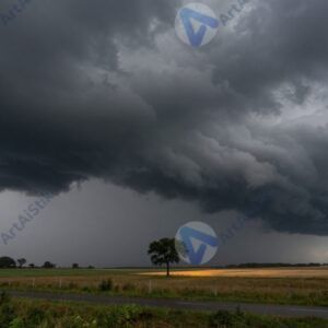 Грозовой вал над полем с драматичными облаками и полосой света на горизонте