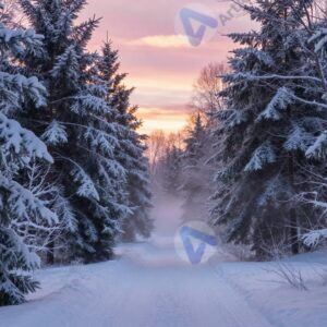 Зимний лес с заснеженными елями и мягким вечерним светом для рождественских открыток