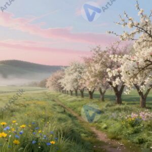 Весенний пейзаж с цветущими деревьями и луговыми цветами для настенных постеров