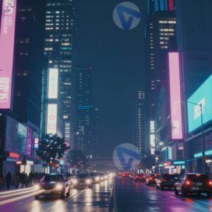 Ночная мегаполия с неоновыми огнями и отражениями в дождливых улицах города