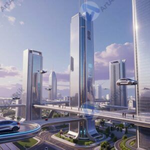 Футуристический город с летающими машинами и стеклянными небоскрёбами в стиле научной фантастики